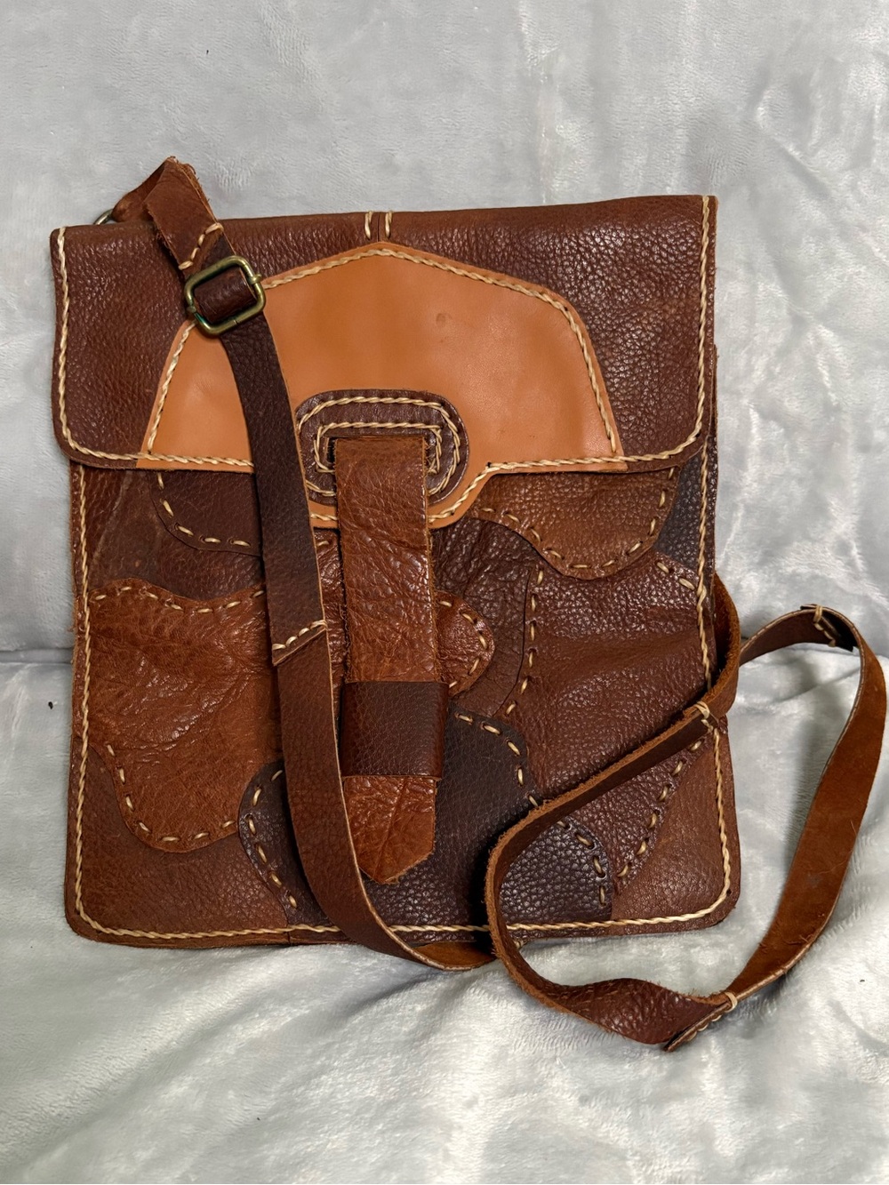 Vintage Handcrafted Brown Patchwork Leather Crossbody Messanger Bag